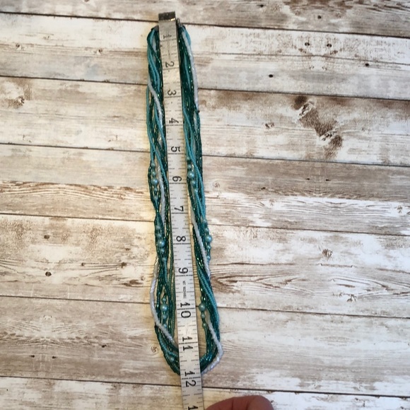 Handmade 7 strand beaded necklace in shades of green & white - Picture 10 of 10